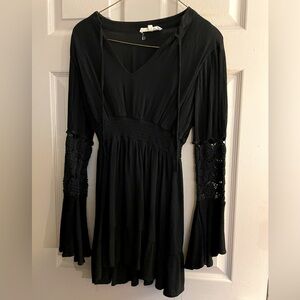 Juniors Black Tunic Dress with Crocheted Bell Sleeve